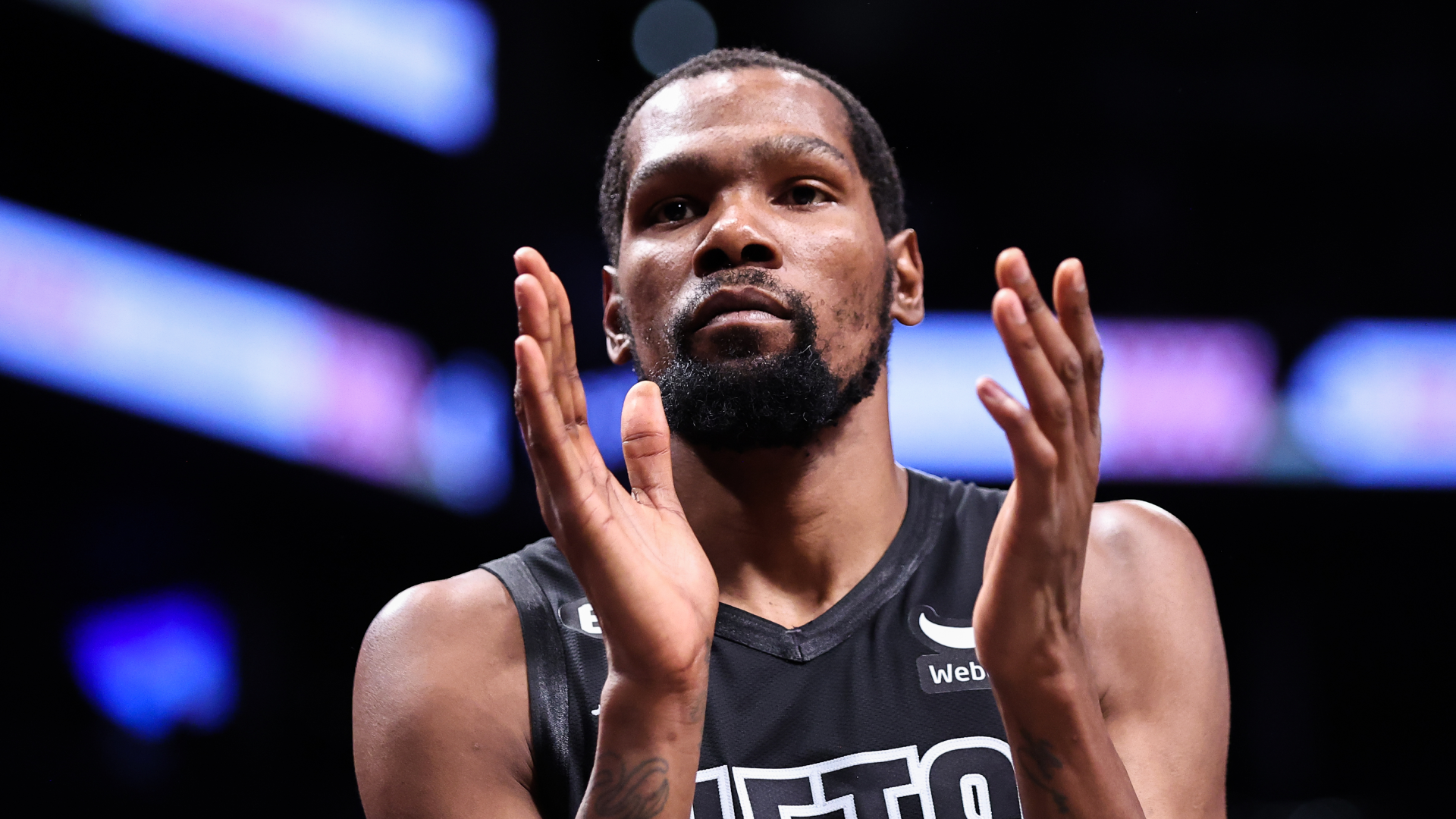 Kevin Durant claps before the start of the game against the Milwaukee Bucks at Barclays Center