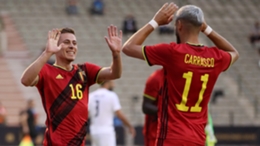 Belgium's Thorgan Hazard (left) celebrates his goal against Greece on Thursday