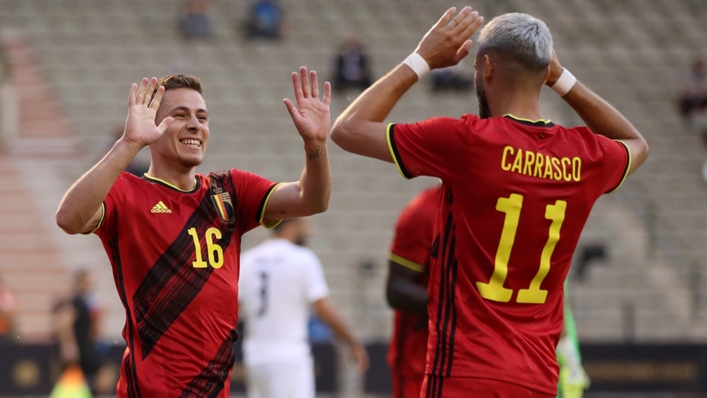 Belgium's Thorgan Hazard (left) celebrates his goal against Greece on Thursday