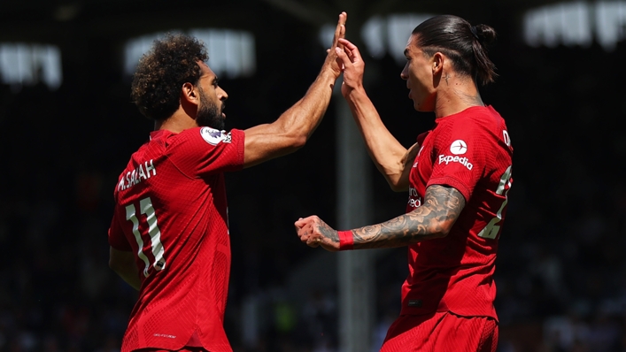 Mo Salah and Darwin Nunez celebrate against Fulham