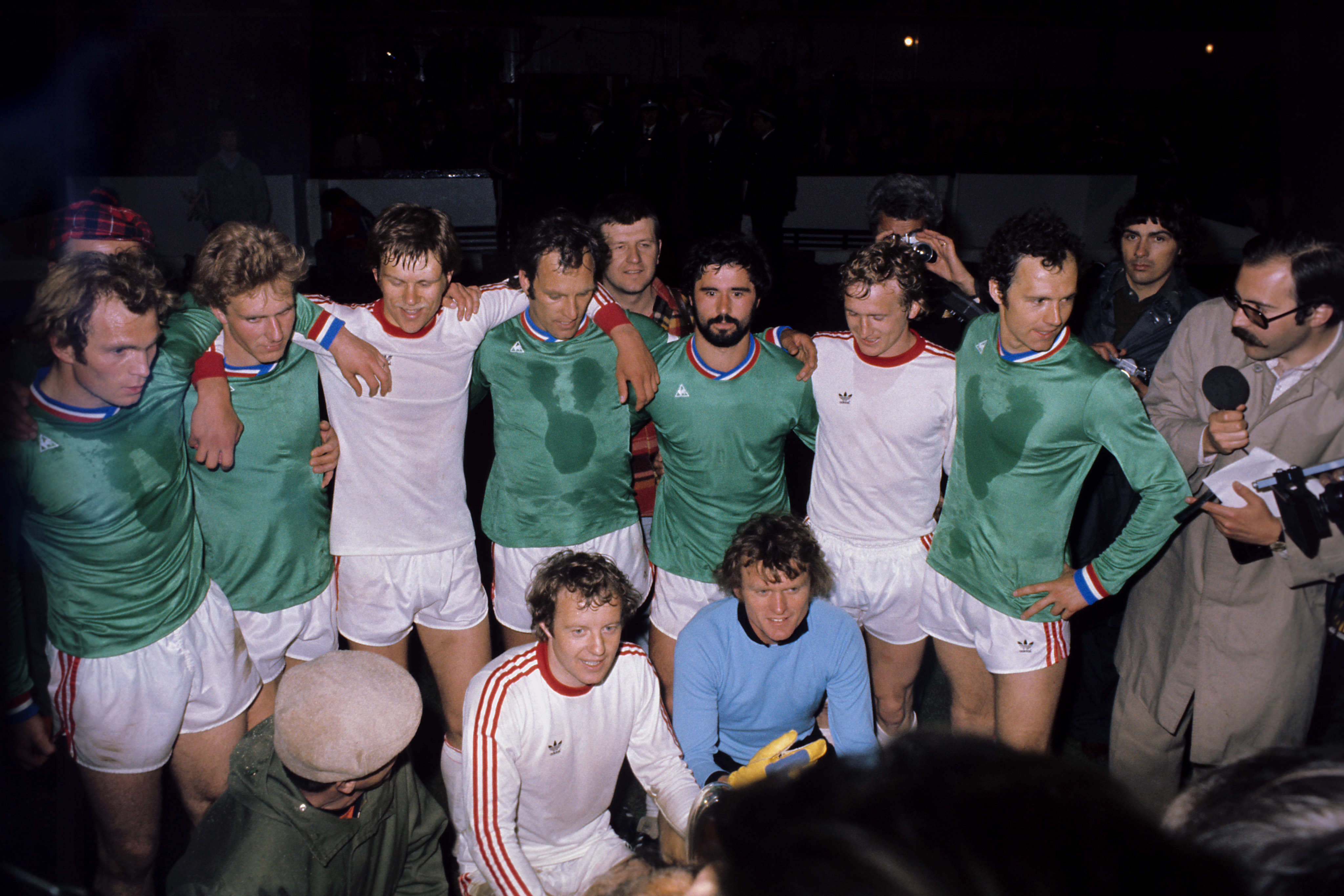 Franz Beckenbauer (back row, far right) with his Bayern Munich team-mates after their European Cup victory victory over St Etienne