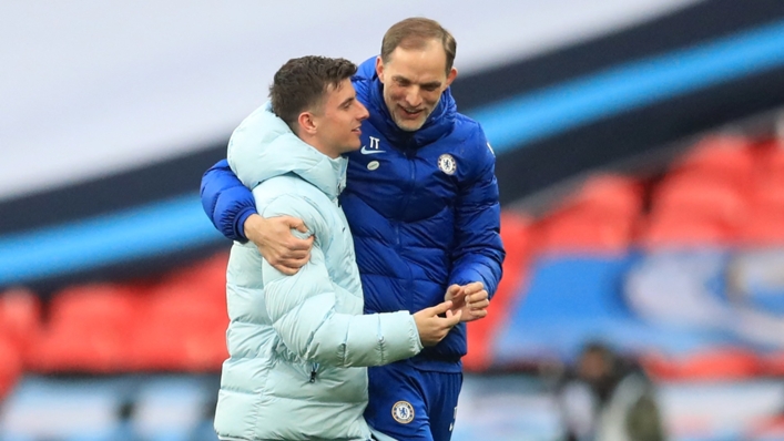 Mason Mount and Thomas Tuchel embrace after a Chelsea game