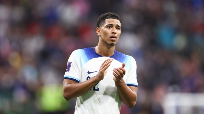 Jude Bellingham applauds England fans after their World Cup defeat to France