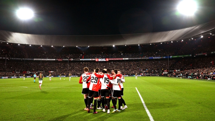 Feyenoord celebrate one of their seven goals against Shakhtar Donetsk