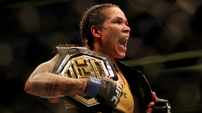 Amanda Nunes celebrating after defeating Julianna Pena to regain the bantamweight championship