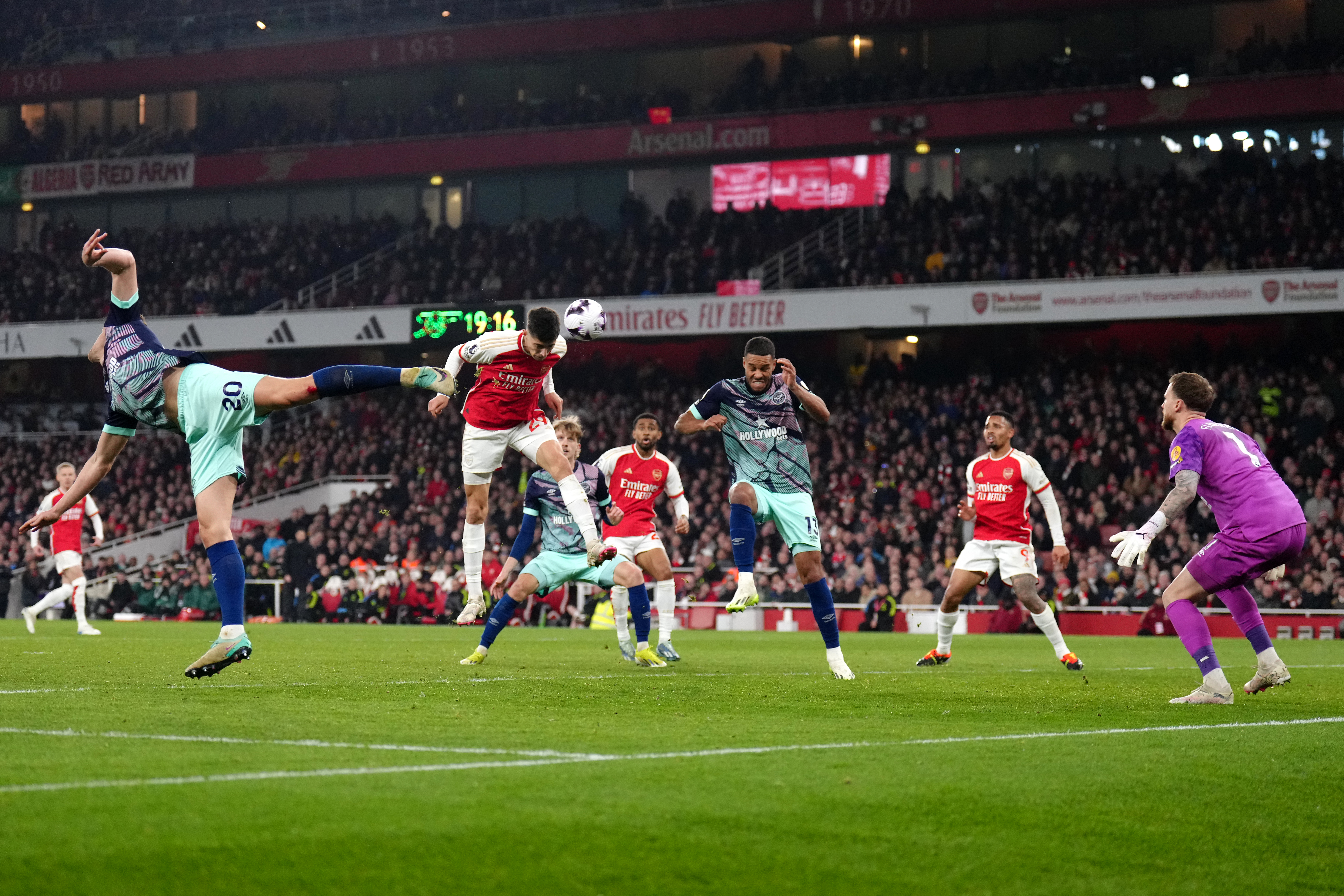 Kai Havertz, second left, heads Arsenal's winner against Brentford