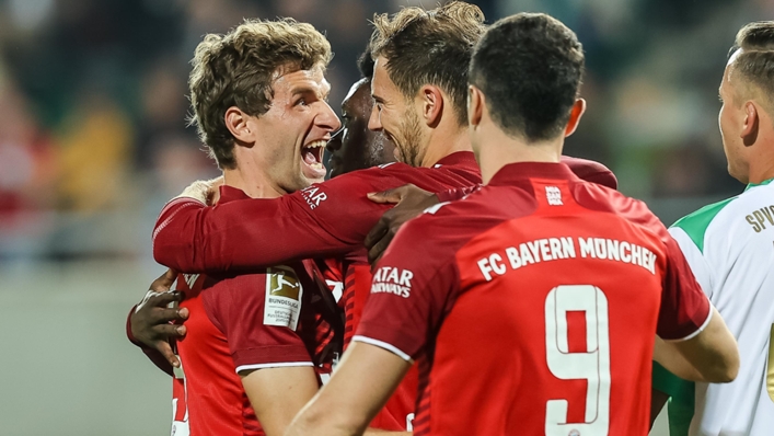 Thomas Muller (L) after scoring for Bayern Munich against Greuther Furth