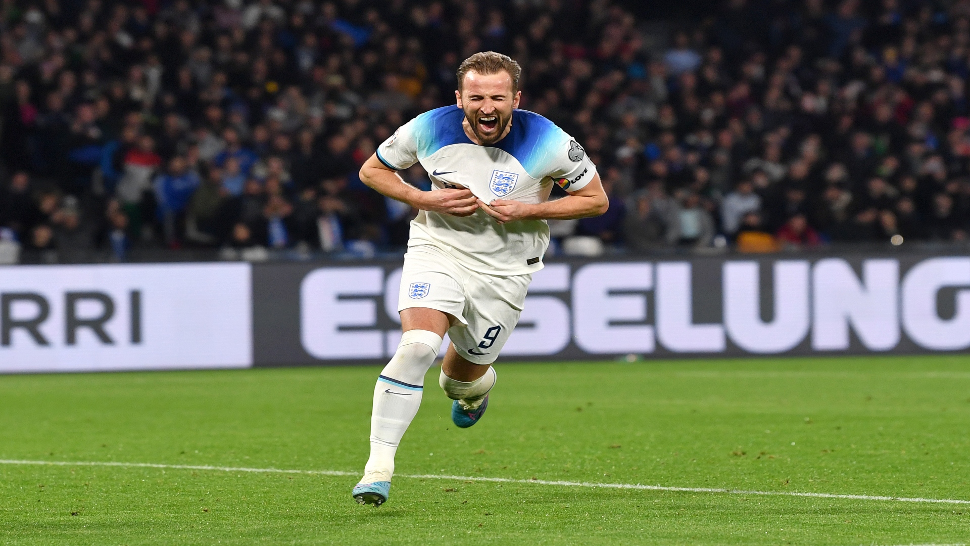 Harry Kane celebrates scoring his record-breaking 54th England goal
