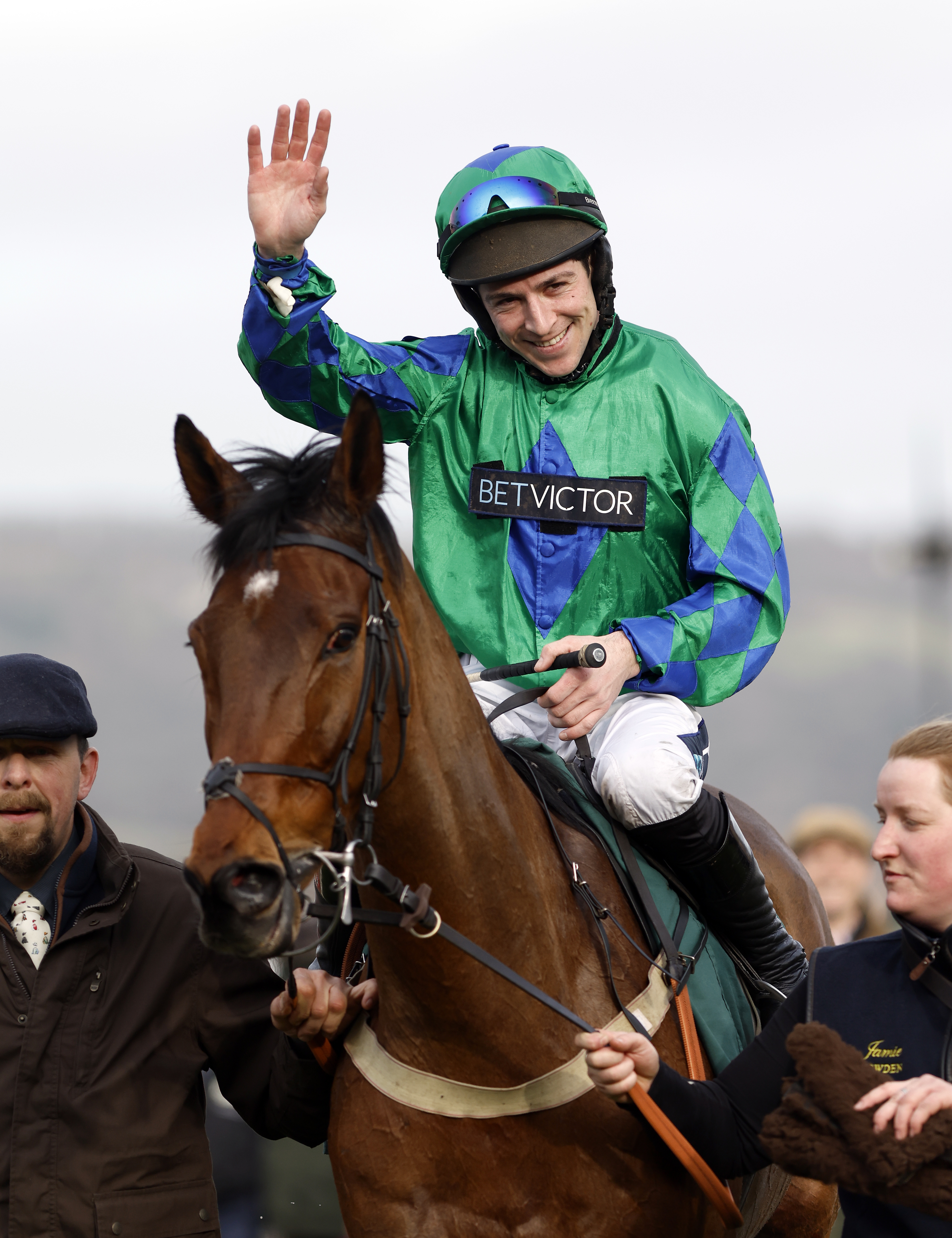 Ga Law and Gavin Sheehan after winning the Paddy Power Cheltenham Countdown Podcast Handicap Chase