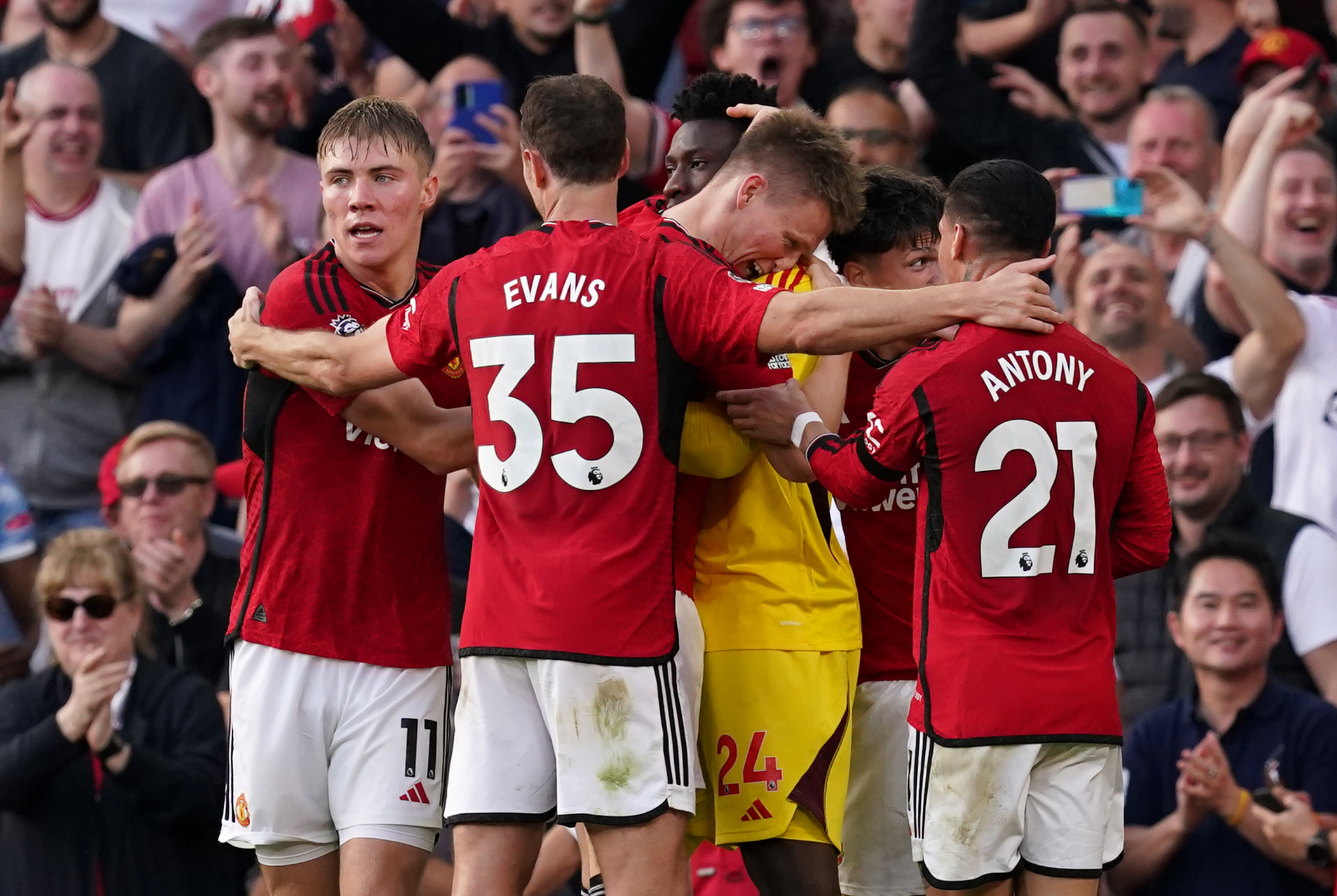 Scott McTominay (centre) is congratulated by team-mates after scoring the winner