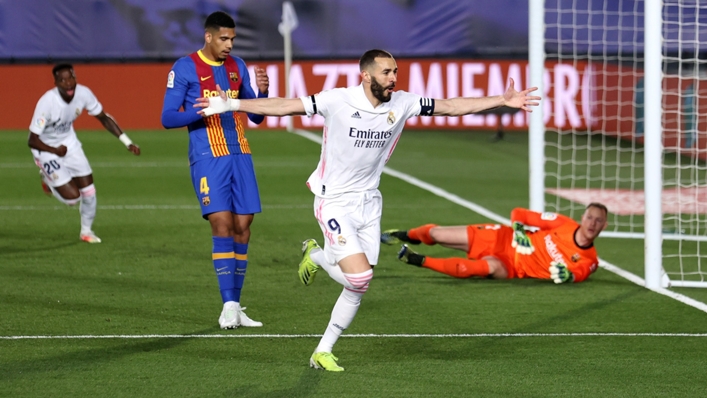 Real Madrid's Karim Benzema celebrates his goal in El Clasico against Barcelona