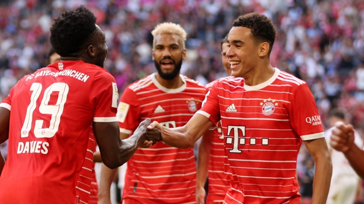 Jamal Musiala celebrates scoring Bayern Munich's second goal