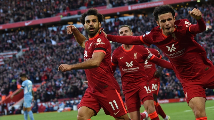 Mohamed Salah celebrates scoring Liverpool's second goal against Manchester City