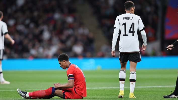 Jude Bellingham and Jamal Musiala pictured during England's 3-3 draw with Germany last month