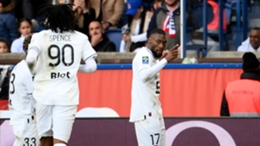 Rennes' Karl Toko Ekambi celebrates after scoring at the Parc des Princes