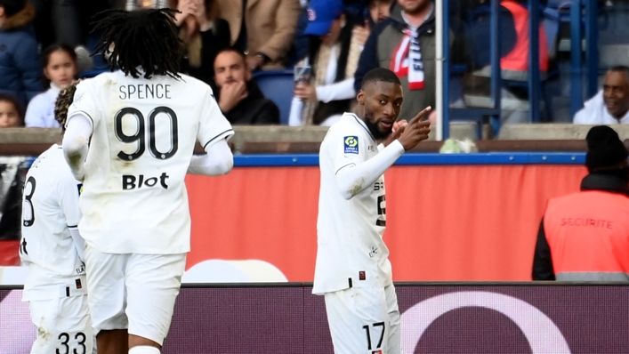 Rennes' Karl Toko Ekambi celebrates after scoring at the Parc des Princes