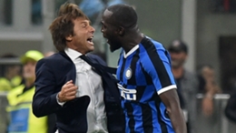 Romelu Lukaku celebrates with Antonio Conte during their Inter days