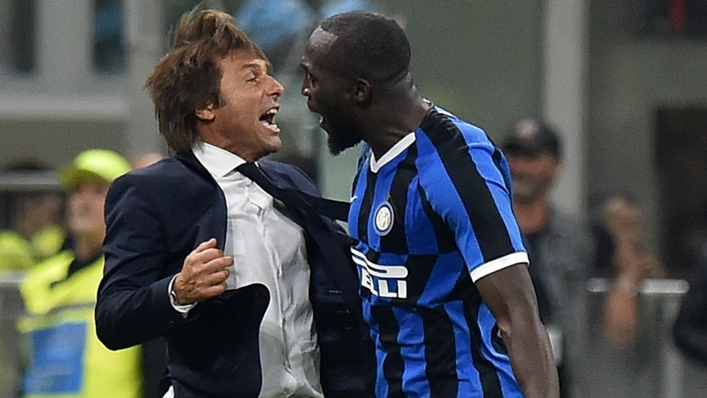 Romelu Lukaku celebrates with Antonio Conte during their Inter days