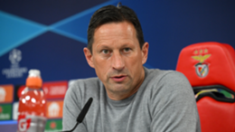 Benfica head coach Roger Schmidt speaks to the media after the team's victory over Club Brugge in the Champions League
