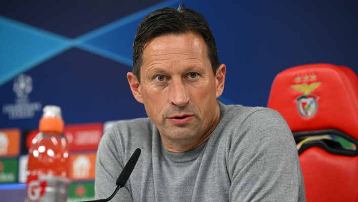 Benfica head coach Roger Schmidt speaks to the media after the team's victory over Club Brugge in the Champions League