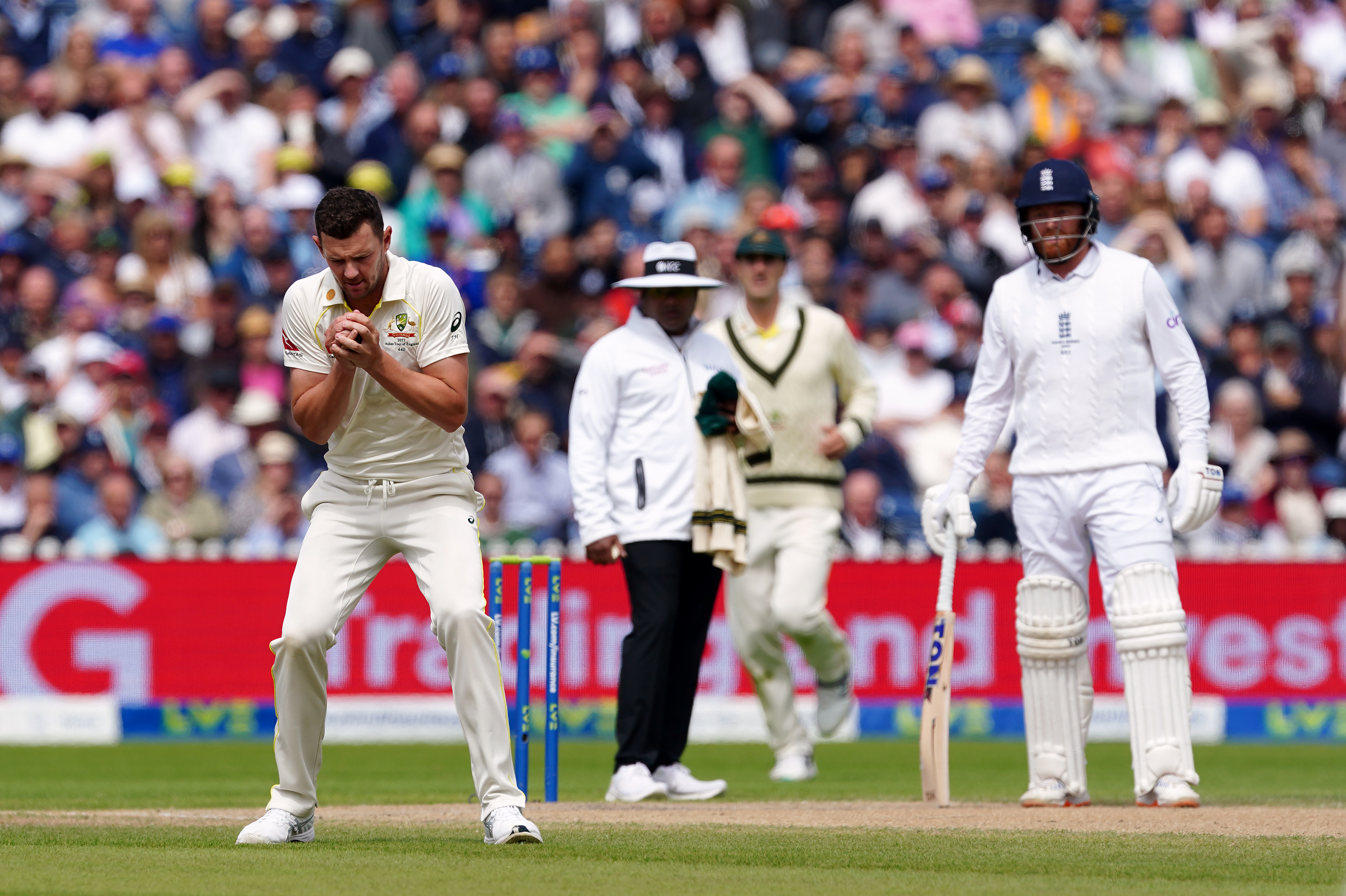 Josh Hazlewood takes a return catch to dismiss England's Stuart Broad, not pictured