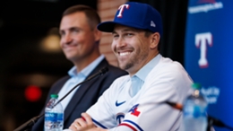 Jacob deGrom fields questions during his first press conference in a Rangers cap