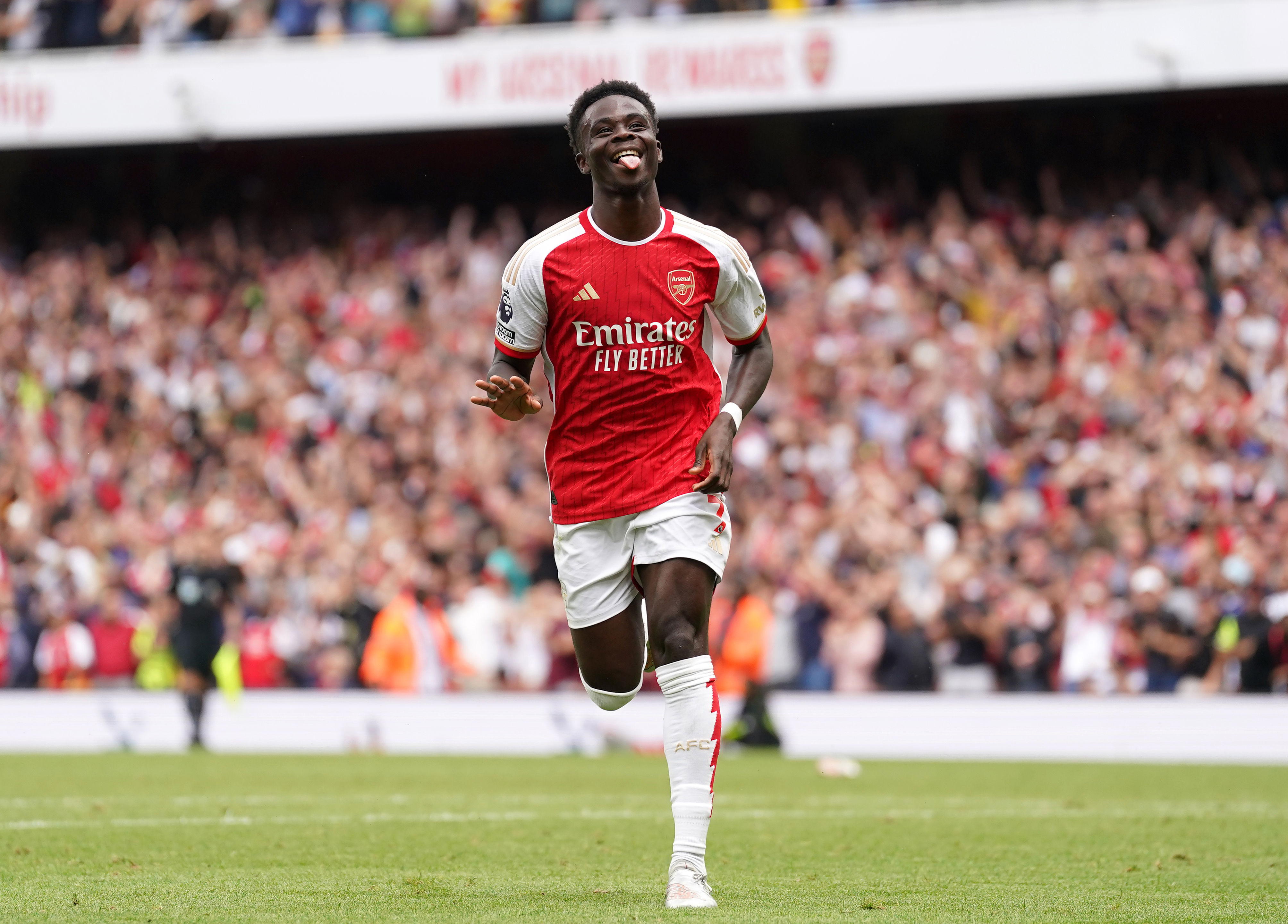 Bukayo Saka celebrates scoring against Nottingham Forest