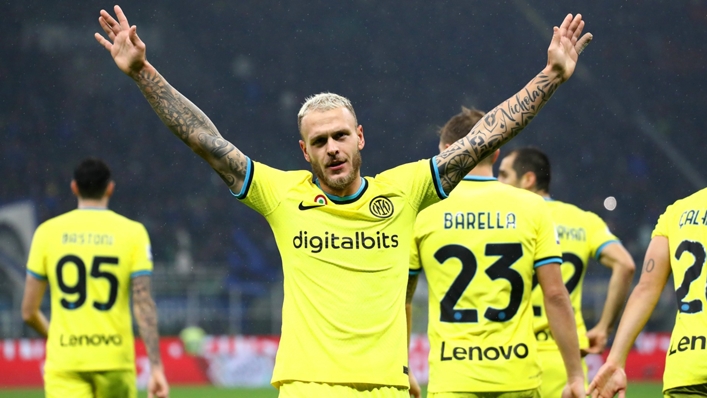 Federico Dimarco celebrates after scoring against Bologna