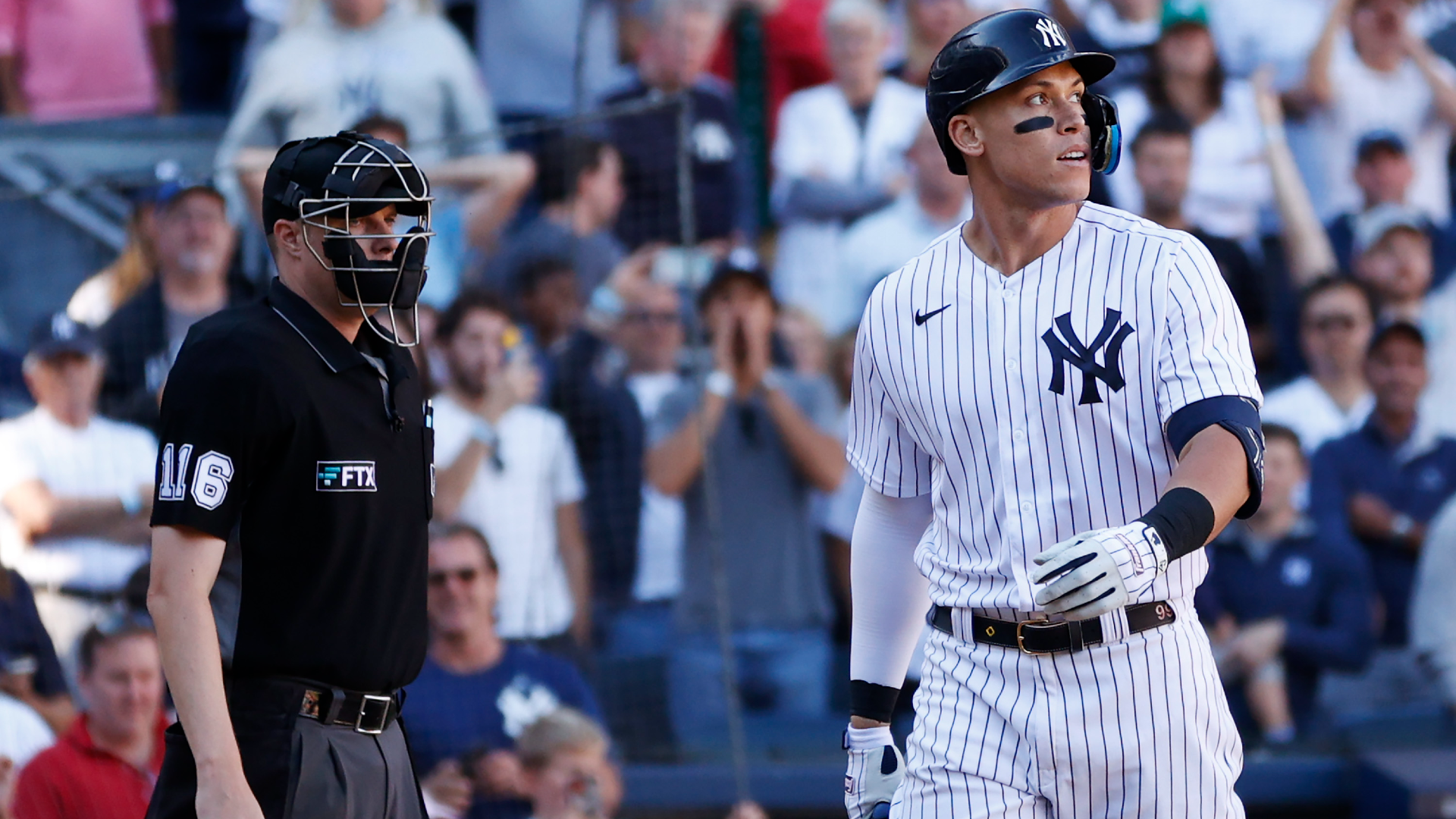 Aaron Judge of the New York Yankees reacts after striking out swinging