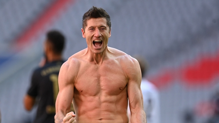 A jubilant Robert Lewandowski celebrates against Augsburg