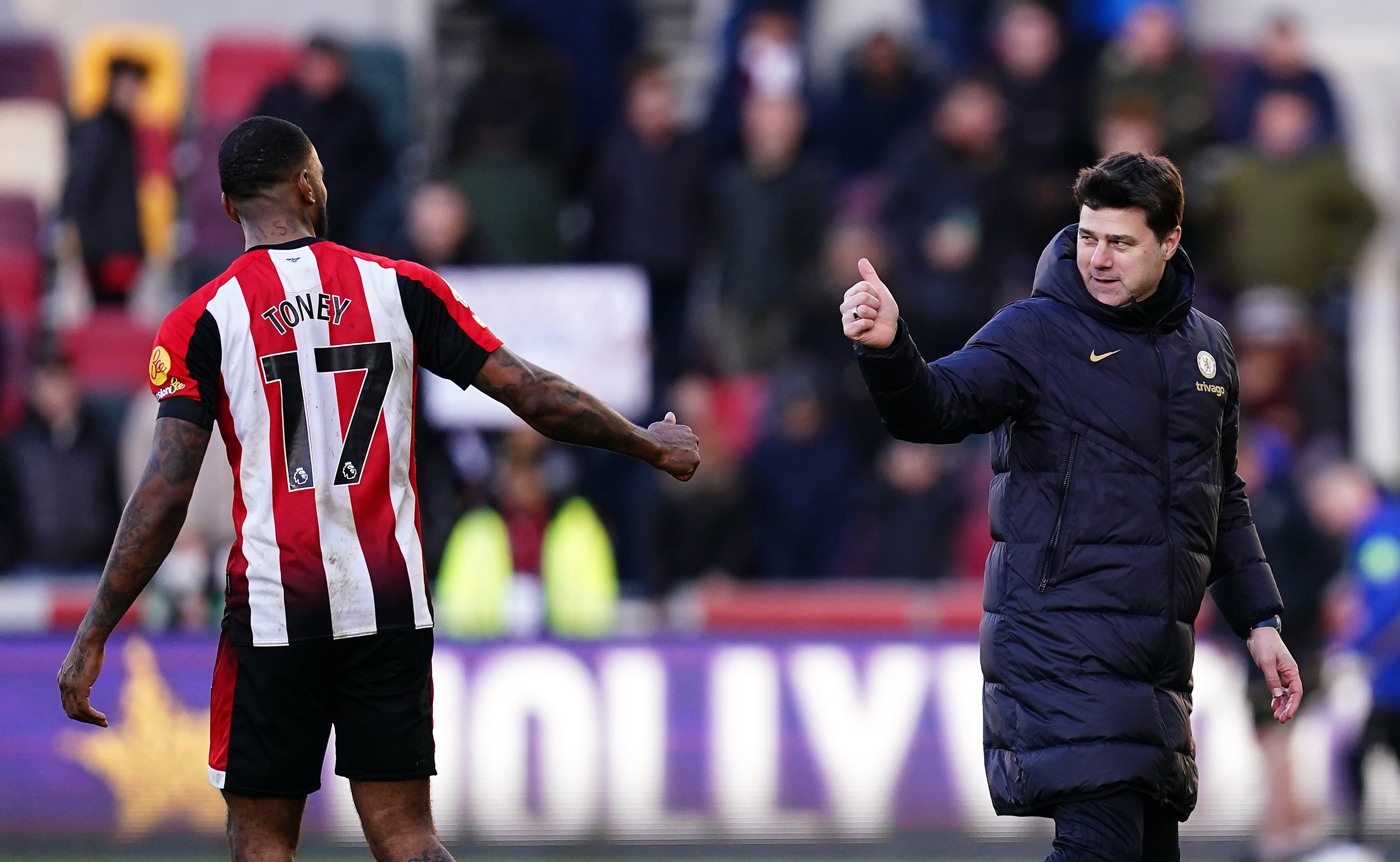 Chelsea manager Mauricio Pochettino, right, and Brentford’s Ivan Toney