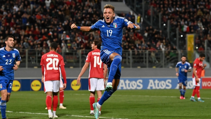 Mateo Retegui celebrates another Italy goal on Sunday at Malta