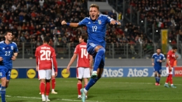 Mateo Retegui celebrates another Italy goal on Sunday at Malta