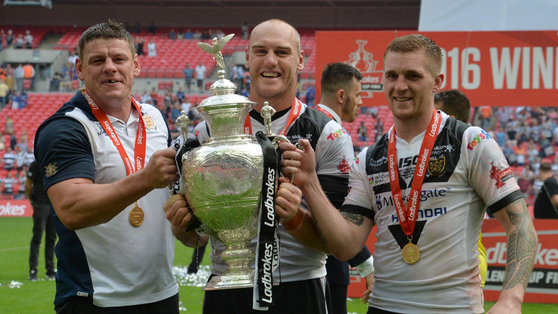 Hull FC’s Lee Radford (left), Gareth Ellis (centre) and Marc Sneyd celebrate after Hull FC’s 2016 Challenge Cup final victory (Anna Gowthorpe/PA)