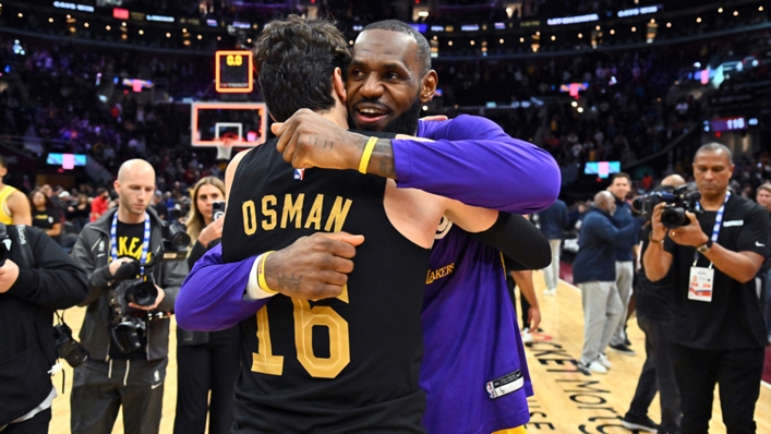 LeBron James shares a moment with former Cavaliers teammate Cedi Osman