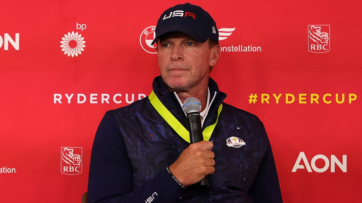 Steve Stricker speaks to the media ahead of the Ryder Cup