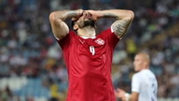 Aleksandar Mitrovic reacts during Serbia's loss to Norway