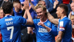 Rangers’ Todd Cantwell (centre) celebrates scoring against Aberdeen (Robert Perry/PA)