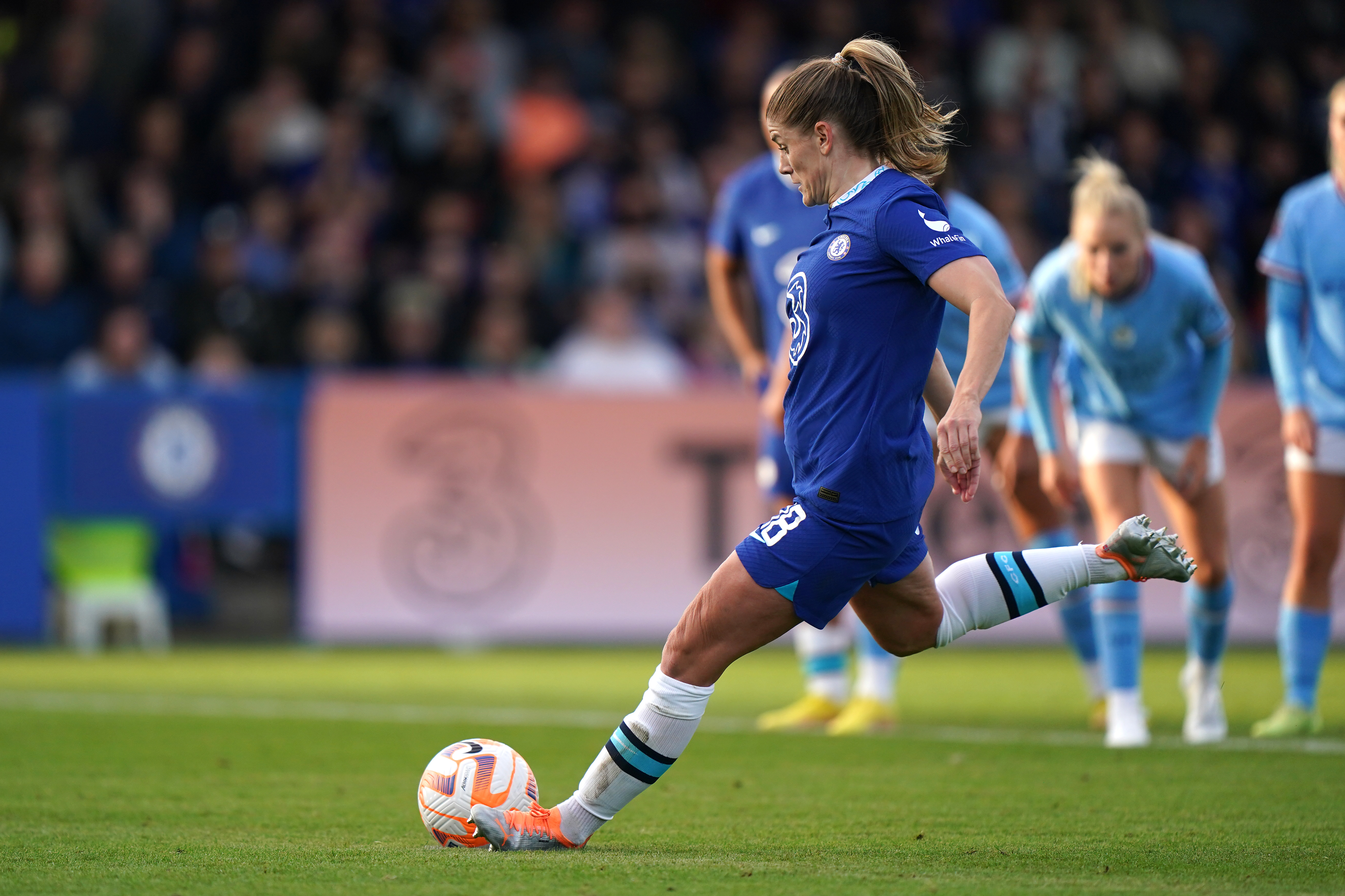 Maren Mjelde scores Chelsea's second against Manchester City in September (Tim Goode/PA)
