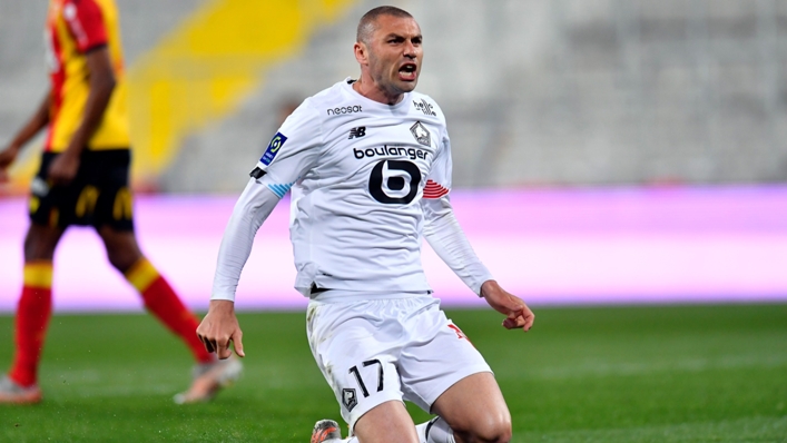 Lille's Burak Yilmaz celebrates his second goal against Lens