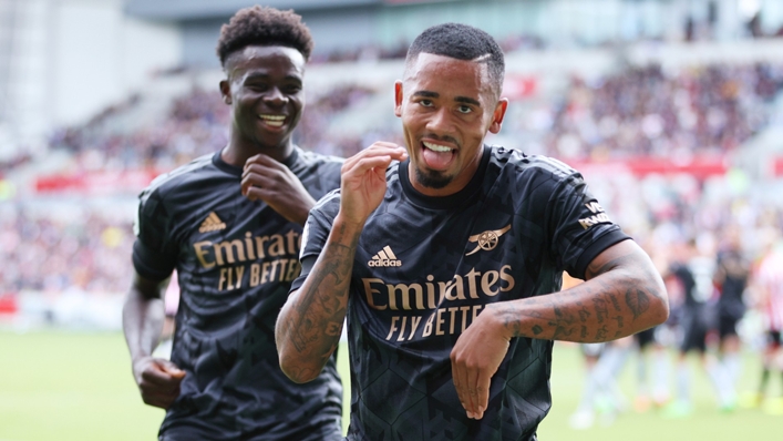 Gabriel Jesus (R) and Bukayo Saka (L) celebrate for Arsenal at Brentford