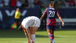 Meikayla Moore looks dejected against the United States