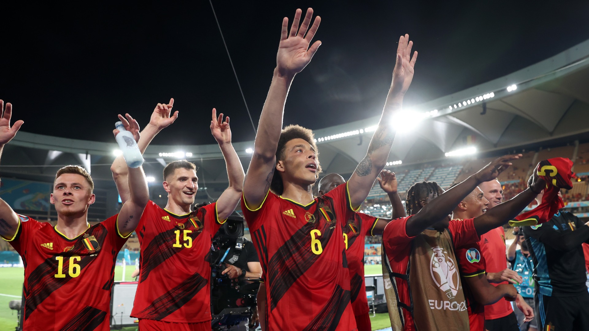 Belgium's players celebrate their win over Portugal