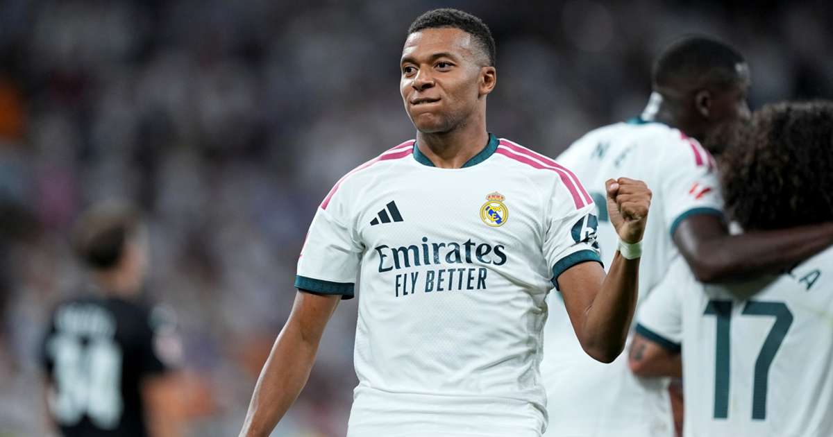 Kylian Mbappe celebrates his hat-trick for Real Madrid
