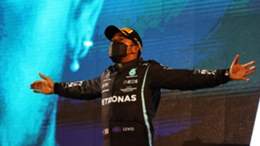 Lewis Hamilton celebrates his win at the Bahrain Grand Prix