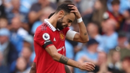 Bruno Fernandes wears a pained expression during Manchester United's derby defeat