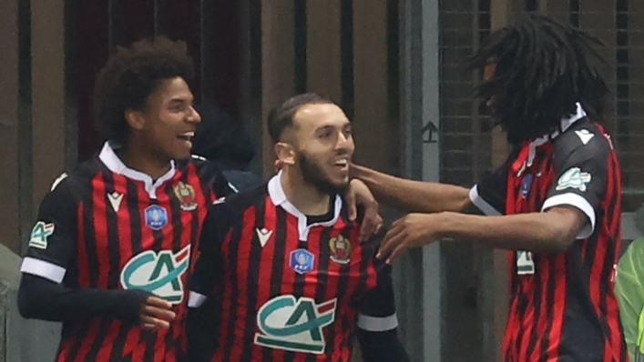Amine Gouiri (centre) celebrates his opening goal with Nice team-mates