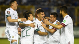 Mexico's Hector Moreno (C) celebrates with his teammates after scoring against El Salvador during their Qatar 2020 FIFA World Cup Concacaf qualifier football match at Cuscatlan Stadium