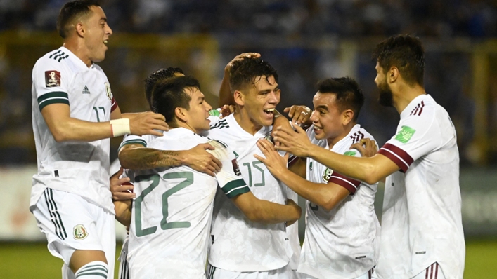 Mexico's Hector Moreno (C) celebrates with his teammates after scoring against El Salvador during their Qatar 2020 FIFA World Cup Concacaf qualifier football match at Cuscatlan Stadium