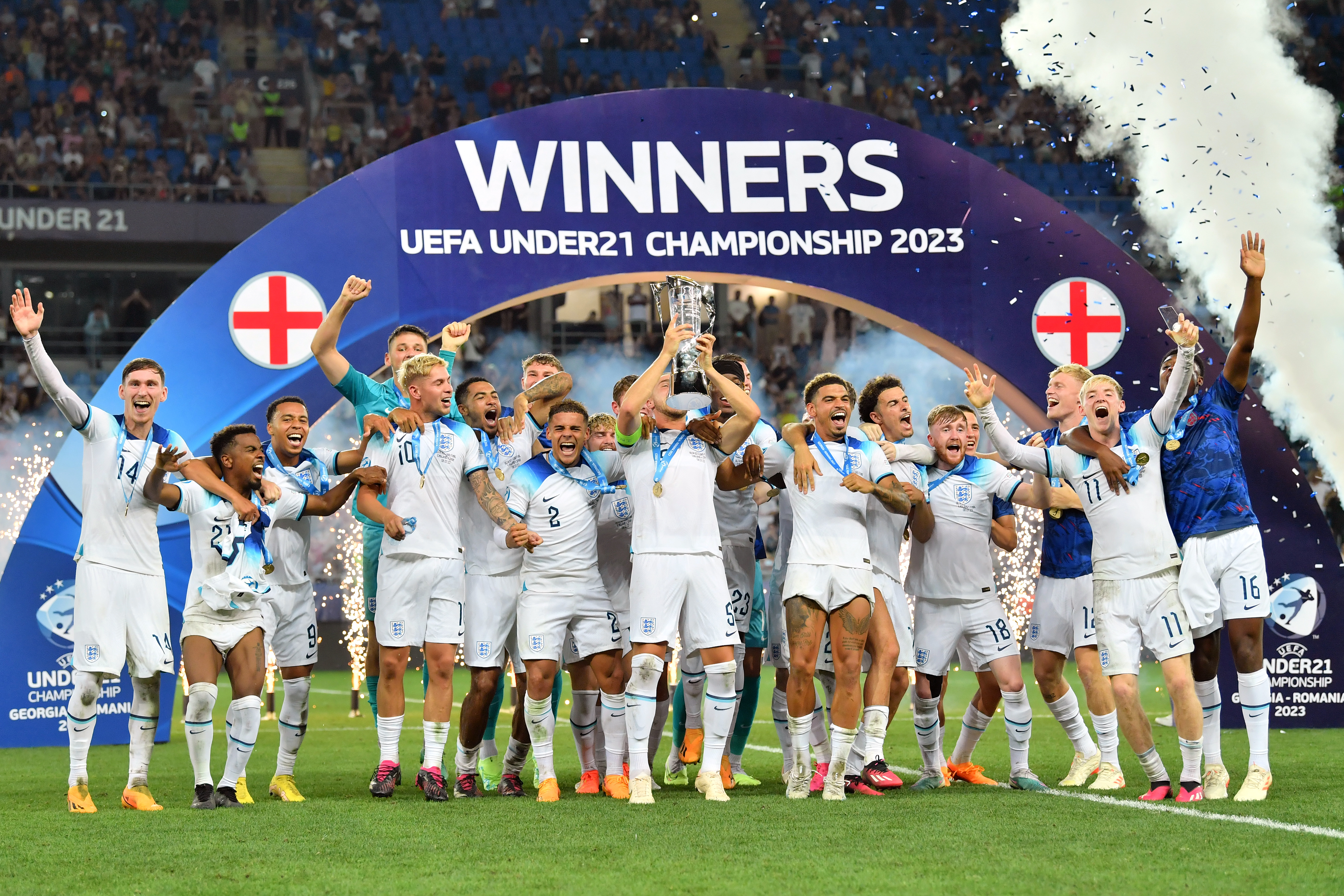 England's players celebrate with the trophy after beating Spain 1-0 in the European Under-21 Championship final (PA)